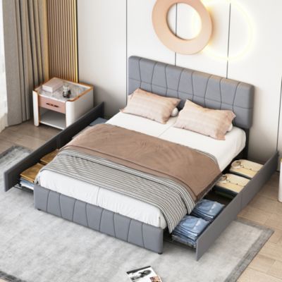 lit double 160 x 200 avec 4 tiroirs,lit capitonné avec sommier à lattes en bois,Tissu velours doux pour la peau,Gris