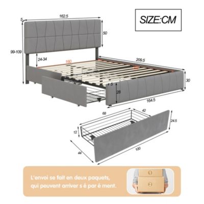lit double 160 x 200 avec 4 tiroirs,lit capitonné avec sommier à lattes en bois,Tissu velours doux pour la peau,Gris