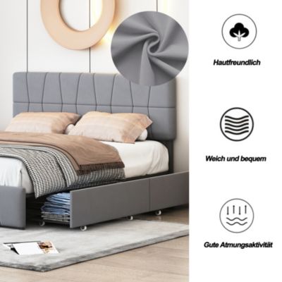 lit double 160 x 200 avec 4 tiroirs,lit capitonné avec sommier à lattes en bois,Tissu velours doux pour la peau,Gris