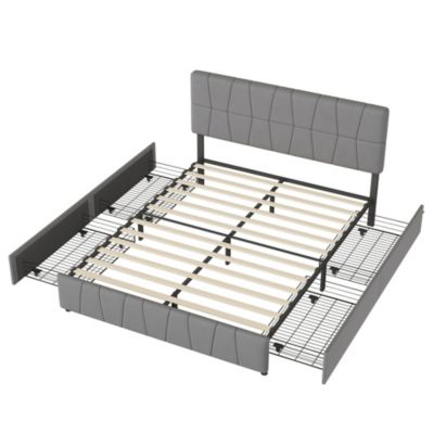 lit double 160 x 200 avec 4 tiroirs,lit capitonné avec sommier à lattes en bois,Tissu velours doux pour la peau,Gris