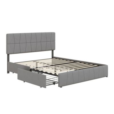 lit double 160 x 200 avec 4 tiroirs,lit capitonné avec sommier à lattes en bois,Tissu velours doux pour la peau,Gris