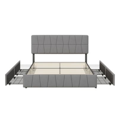 lit double 160 x 200 avec 4 tiroirs,lit capitonné avec sommier à lattes en bois,Tissu velours doux pour la peau,Gris