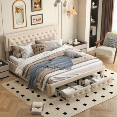 Lit double 160 x 200 cm avec rangements et tiroirs, velours, sommier à lattes, lit hydraulique, beige