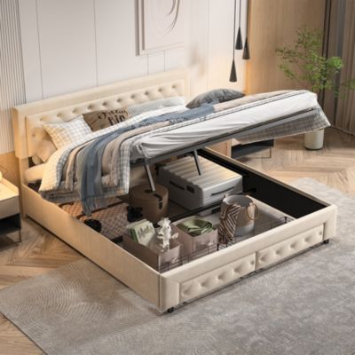 Lit double 160 x 200 cm avec rangements et tiroirs, velours, sommier à lattes, lit hydraulique, beige