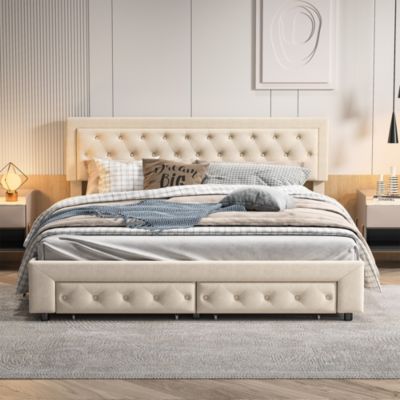 Lit double 160 x 200 cm avec rangements et tiroirs, velours, sommier à lattes, lit hydraulique, beige