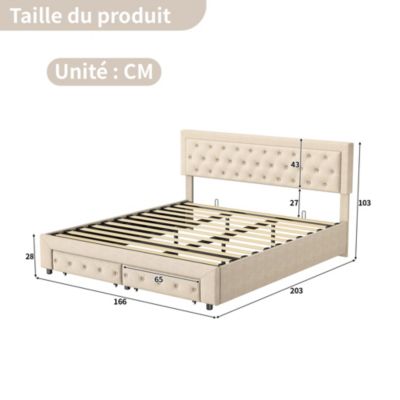 Lit double 160 x 200 cm avec rangements et tiroirs, velours, sommier à lattes, lit hydraulique, beige