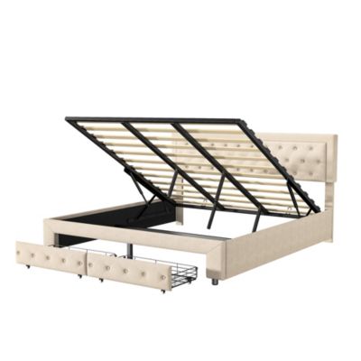 Lit double 160 x 200 cm avec rangements et tiroirs, velours, sommier à lattes, lit hydraulique, beige