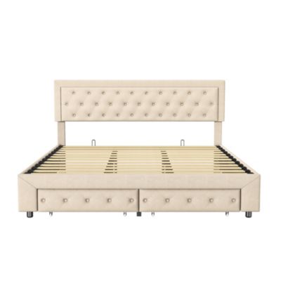 Lit double 160 x 200 cm avec rangements et tiroirs, velours, sommier à lattes, lit hydraulique, beige