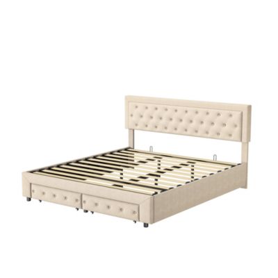 Lit double 160 x 200 cm avec rangements et tiroirs, velours, sommier à lattes, lit hydraulique, beige