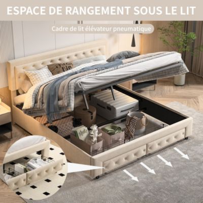 Lit double 160 x 200 cm avec rangements et tiroirs, velours, sommier à lattes, lit hydraulique, beige