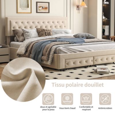 Lit double 160 x 200 cm avec rangements et tiroirs, velours, sommier à lattes, lit hydraulique, beige