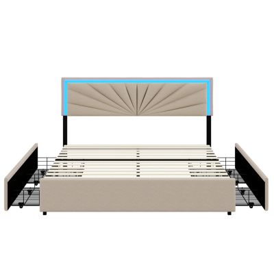 Lit Double 160 X 200 Cm, Rembourré Avec 4 Tiroirs Et LED, Sommier à Lattes, Lin Beige