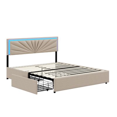 Lit Double 160 X 200 Cm, Rembourré Avec 4 Tiroirs Et LED, Sommier à Lattes, Lin Beige