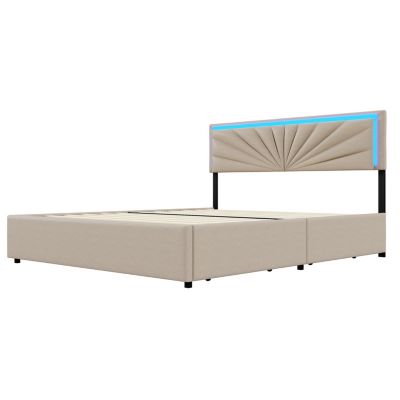 Lit Double 160 X 200 Cm, Rembourré Avec 4 Tiroirs Et LED, Sommier à Lattes, Lin Beige