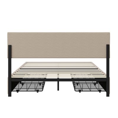 Lit Double 160 X 200 Cm, Rembourré Avec 4 Tiroirs Et LED, Sommier à Lattes, Lin Beige