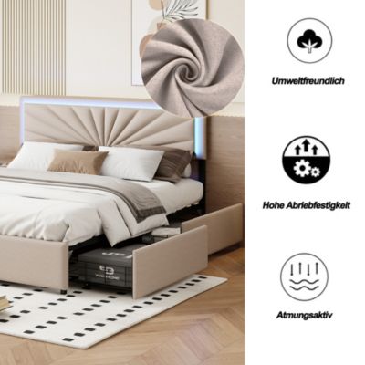 Lit Double 160 X 200 Cm, Rembourré Avec 4 Tiroirs Et LED, Sommier à Lattes, Lin Beige