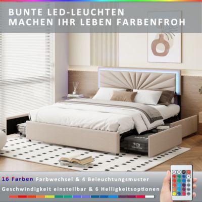 Lit Double 160 X 200 Cm, Rembourré Avec 4 Tiroirs Et LED, Sommier à Lattes, Lin Beige