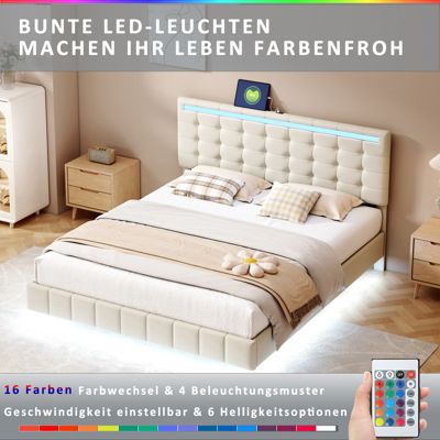 Lit double 160 x 200cm avec sommier à lattes, Lit 160 x 200cm avec éclairage LED et USB, cadre de lit en lin, Beige