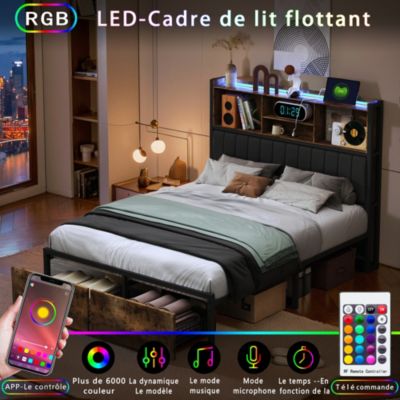 Lit Double 160x200cm Avec Tête De Lit Rembourrée - Cadre Métal, Sommier Lattes, Hauteur Réglable, Rangement Intégré