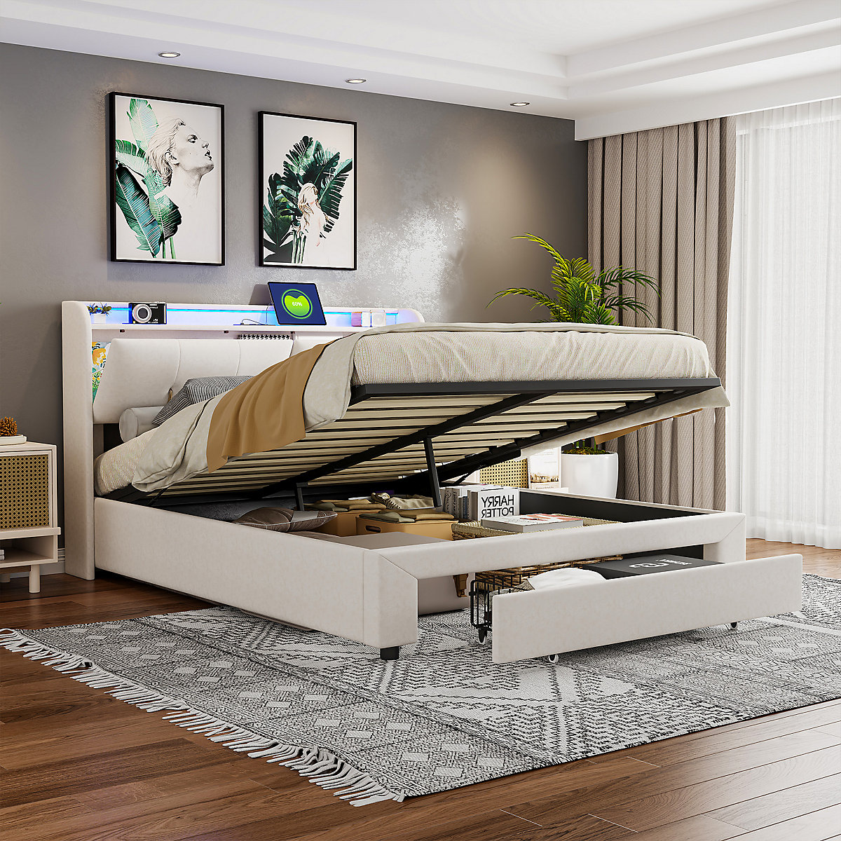 Lit adulte 140x200 cm avec sommier, lit double avec LED, USB et Type-C, lit capitonné avec 3 tiroirs rangement, lit ado rembourré, velours beige | Leroy Merlin Lit adulte 140x200 cm avec sommier, lit double avec LED, USB et Type-C, lit capitonné avec 3 tiroirs rangement, lit ado rembourré, velours beige | Leroy Merlin