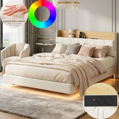 lit double 160x200 cm - cadre de lit flottant avec led, prises usb et rangement - pu blanc
