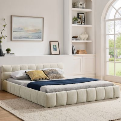 Lit Double 160x200 cm Capitonné Adulte, Chenille Douce, Cadre Bois d'Eucalyptus Métal, Montage Facile, Beige, Sans Matelas