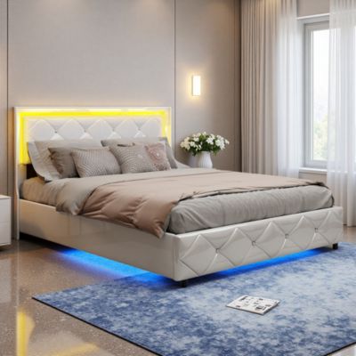 Lit double 160x200 cm cuir polyuréthane blanc, capitonné cristal, coffre de rangement hydraulique, ports USB et LED ambiance.