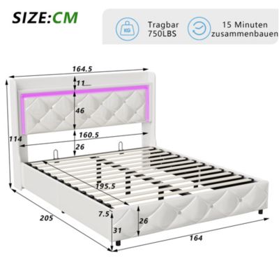 Lit double 160x200 cm cuir polyuréthane blanc, capitonné cristal, coffre de rangement hydraulique, ports USB et LED ambiance.