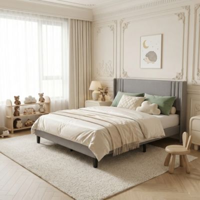 Lit double 160x200 cm en tissu lin, tête de lit côtelée, sommier à lattes en bois et cadre métallique, Design scandinave, Gris