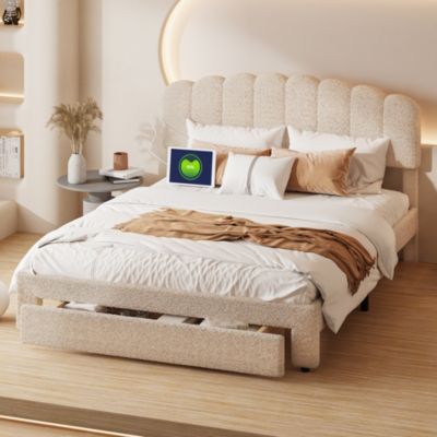 Lit double 160x200 cm en tissu teddy beige, Tiroirs de rangement au pied du lit et ports USB intégrés