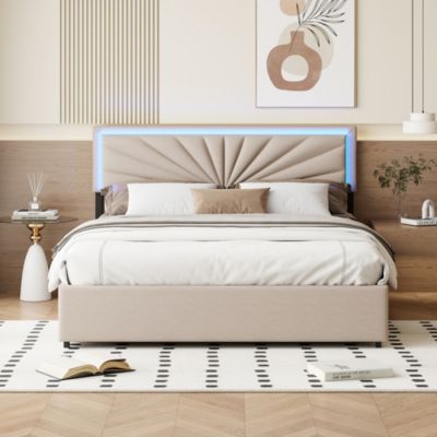 Lit Double 160x200 Cm à Lattes Et 4 Tiroirs, Avec Éclairage LED, Robuste Et Stable, Beige