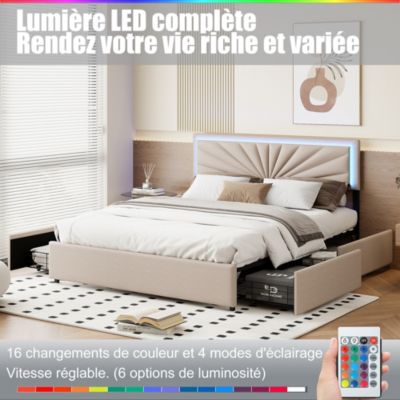 Lit Double 160x200 Cm à Lattes Et 4 Tiroirs, Avec Éclairage LED, Robuste Et Stable, Beige