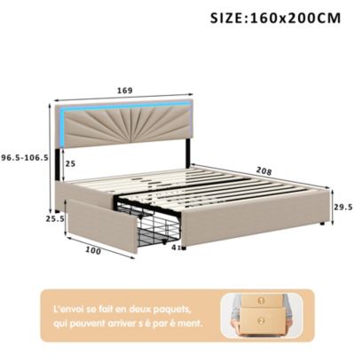Lit Double 160x200 Cm à Lattes Et 4 Tiroirs, Avec Éclairage LED, Robuste Et Stable, Beige