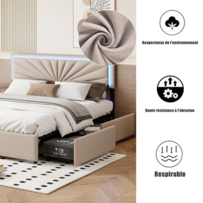 Lit Double 160x200 Cm à Lattes Et 4 Tiroirs, Avec Éclairage LED, Robuste Et Stable, Beige