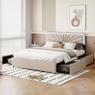 Lit Double 160x200 Cm à Lattes Et 4 Tiroirs, Avec Éclairage LED, Robuste Et Stable, Beige