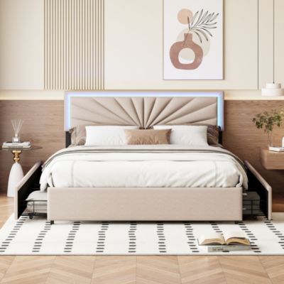Lit Double 160x200 Cm à Lattes Et 4 Tiroirs, Avec Éclairage LED, Robuste Et Stable, Beige