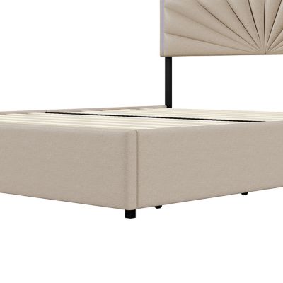 Lit Double 160x200 Cm à Lattes Et 4 Tiroirs, Avec Éclairage LED, Robuste Et Stable, Beige