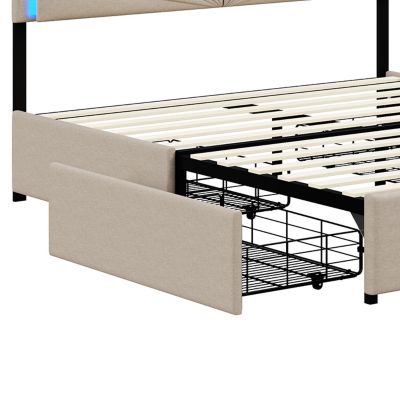 Lit Double 160x200 Cm à Lattes Et 4 Tiroirs, Avec Éclairage LED, Robuste Et Stable, Beige