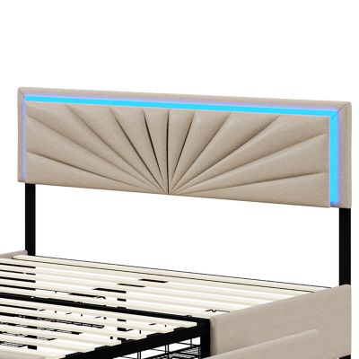 Lit Double 160x200 Cm à Lattes Et 4 Tiroirs, Avec Éclairage LED, Robuste Et Stable, Beige