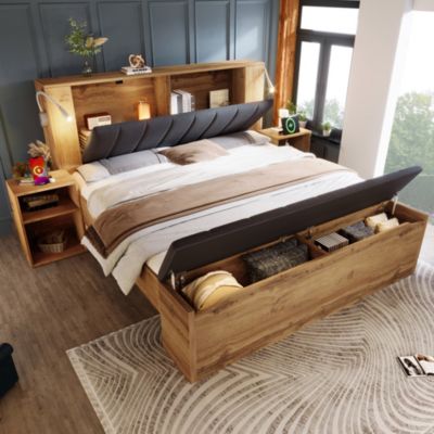 Lit Double 160x200 cm - Lit Adulte avec Tête de Lit Rabattable et Rangement - 2 Tables de Chevet et Banc - Sans Matelas - Naturel