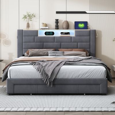 Lit double 160x200 cm, velours gris, LED tête de lit, 3 tiroirs, USB, sommier bois, fonctionnel