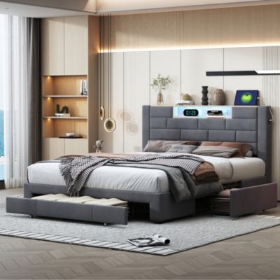 Lit double 160x200 cm, velours gris, LED tête de lit, 3 tiroirs, USB, sommier bois, fonctionnel
