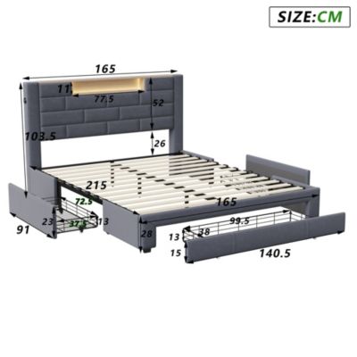 Lit double 160x200 cm, velours gris, LED tête de lit, 3 tiroirs, USB, sommier bois, fonctionnel