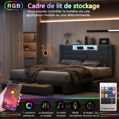 Lit double 160x200 cm, velours gris, LED tête de lit, 3 tiroirs, USB, sommier bois, fonctionnel