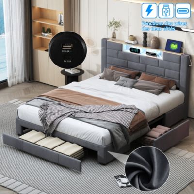 Lit double 160x200 cm, velours gris, LED tête de lit, 3 tiroirs, USB, sommier bois, fonctionnel