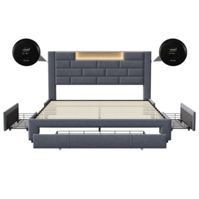 Lit double 160x200 cm, velours gris, LED tête de lit, 3 tiroirs, USB, sommier bois, fonctionnel