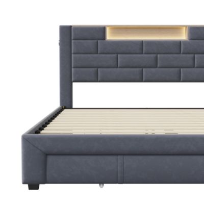Lit double 160x200 cm, velours gris, LED tête de lit, 3 tiroirs, USB, sommier bois, fonctionnel