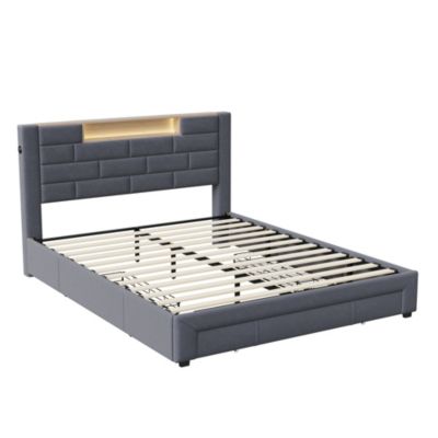 Lit double 160x200 cm, velours gris, LED tête de lit, 3 tiroirs, USB, sommier bois, fonctionnel
