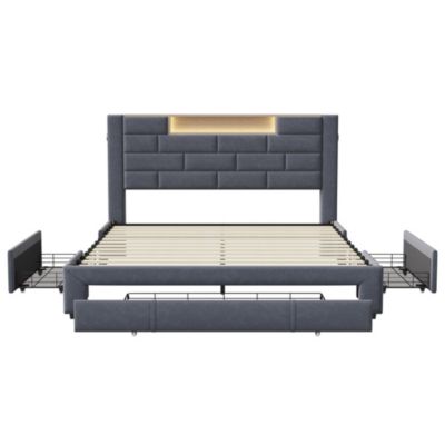 Lit double 160x200 cm, velours gris, LED tête de lit, 3 tiroirs, USB, sommier bois, fonctionnel