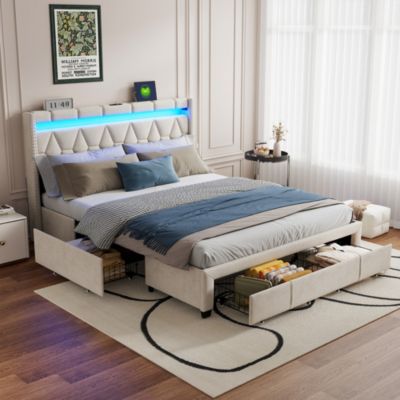 Lit Double 160x200 Cm Avec 4 Tiroirs De Rangement - Tête De Lit LED Avec Ports USB/Type-C - Sommier à Lattes, Structure Bois Et Métal - Capacité 350 Kg